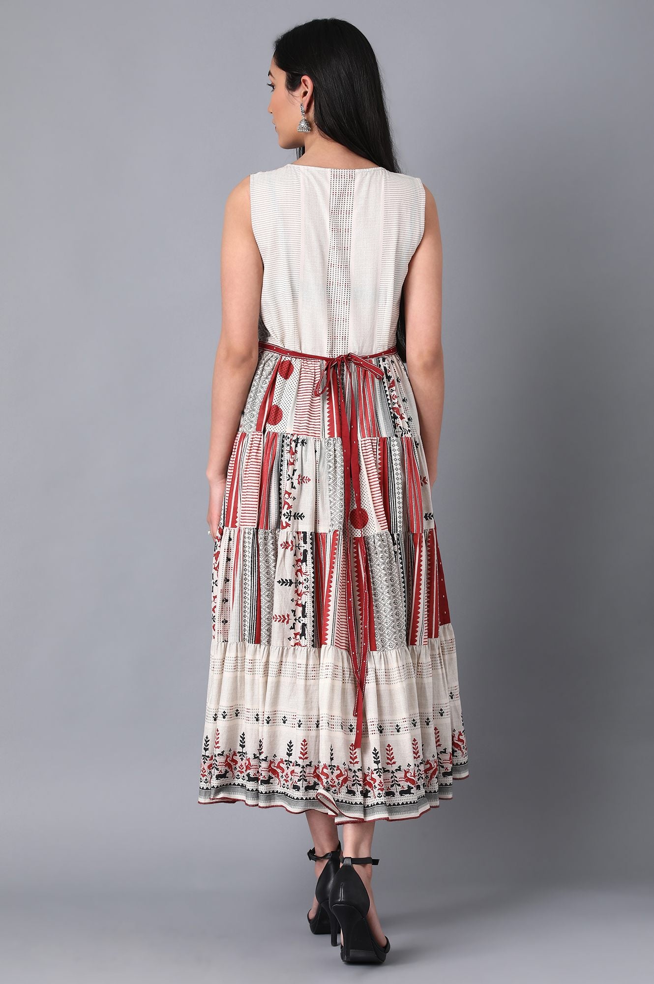 Ecru Round Neck Tiered Dress