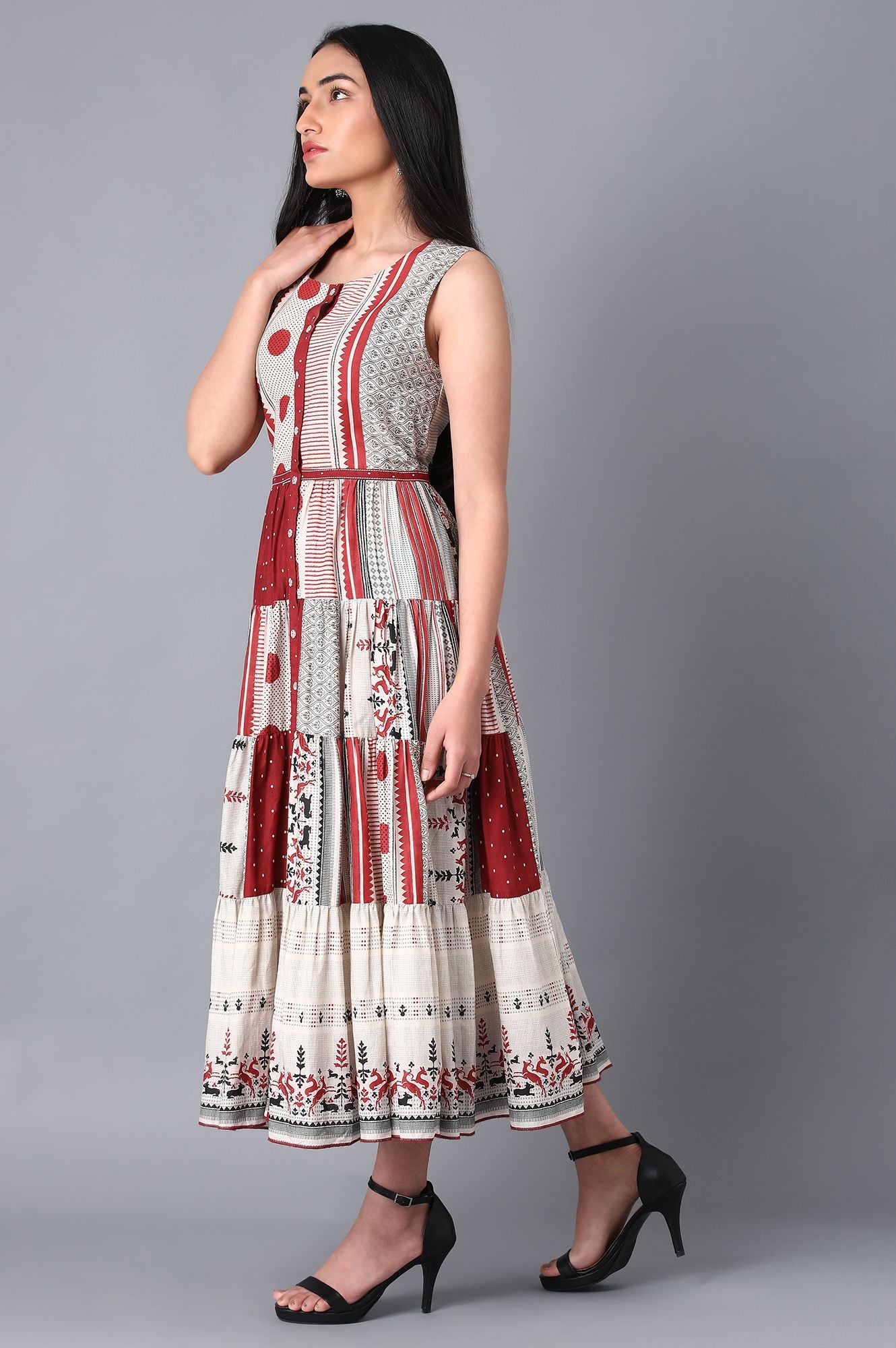 Ecru Round Neck Tiered Dress