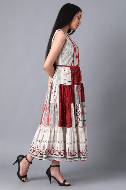 Ecru Round Neck Tiered Dress