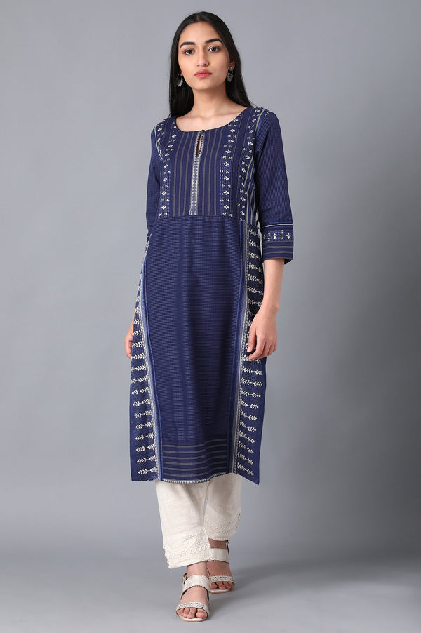 Blue Boat Neck Printed kurta