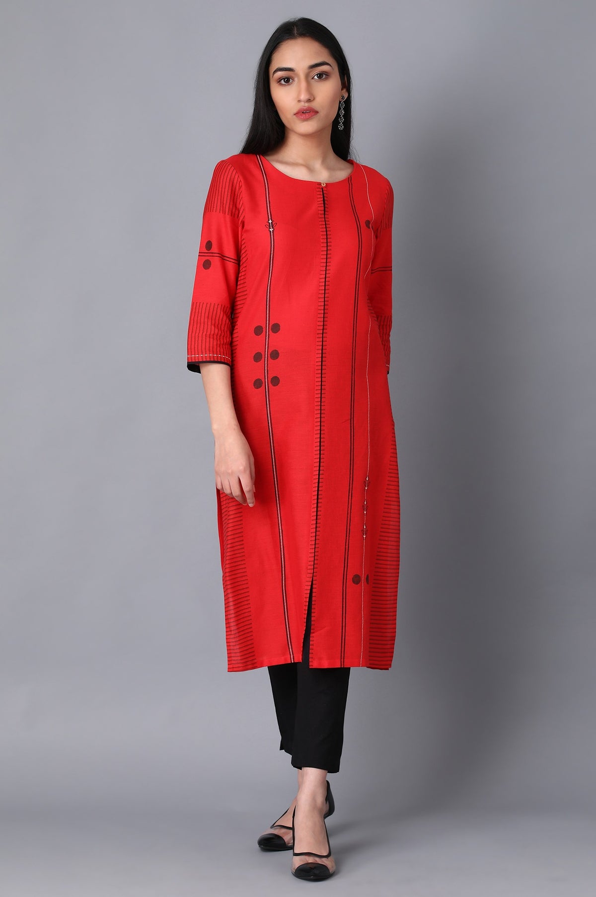 Red Boat Neck Polka kurta - XS