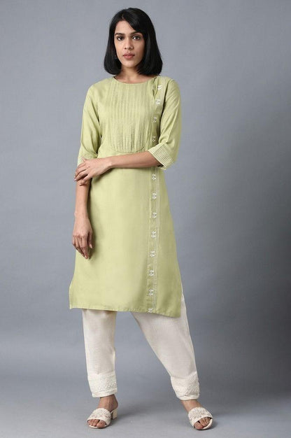 Green Round Neck Embroidered kurta - wforwoman