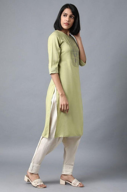 Green Round Neck Embroidered kurta - wforwoman