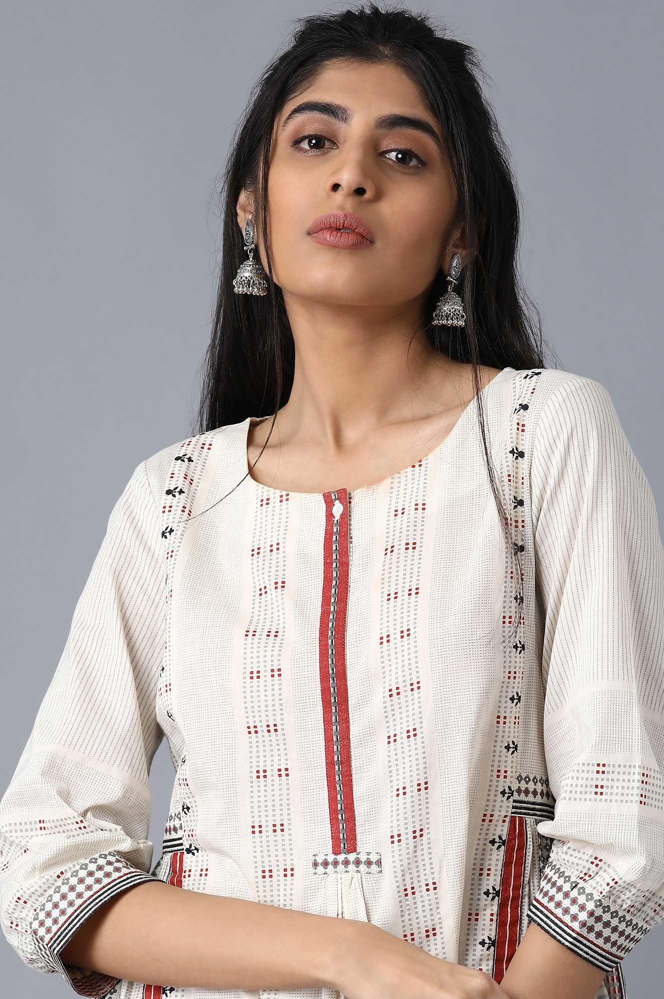 Ecru Boat Neck Printed Dress