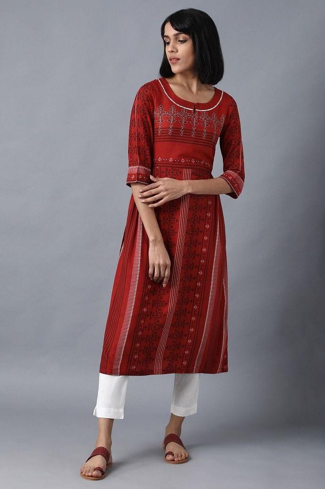 Maroon Round Neck Printed Livaeco kurta - wforwoman