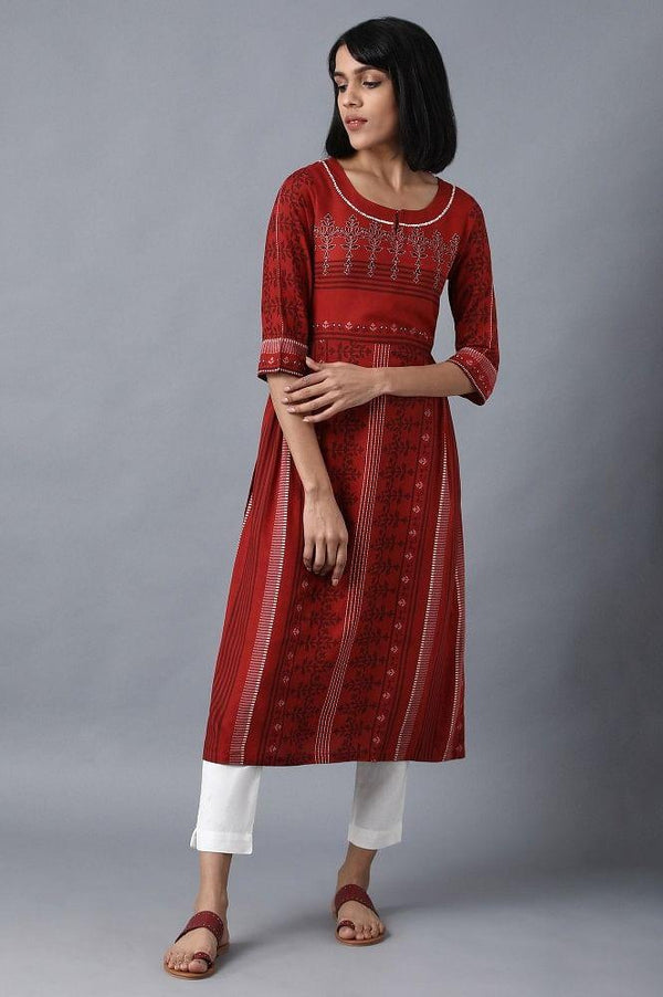 Maroon Round Neck Printed Livaeco kurta