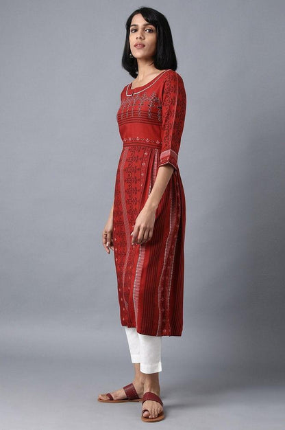 Maroon Round Neck Printed Livaeco kurta - wforwoman