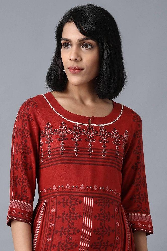 Maroon Round Neck Printed Livaeco kurta - wforwoman