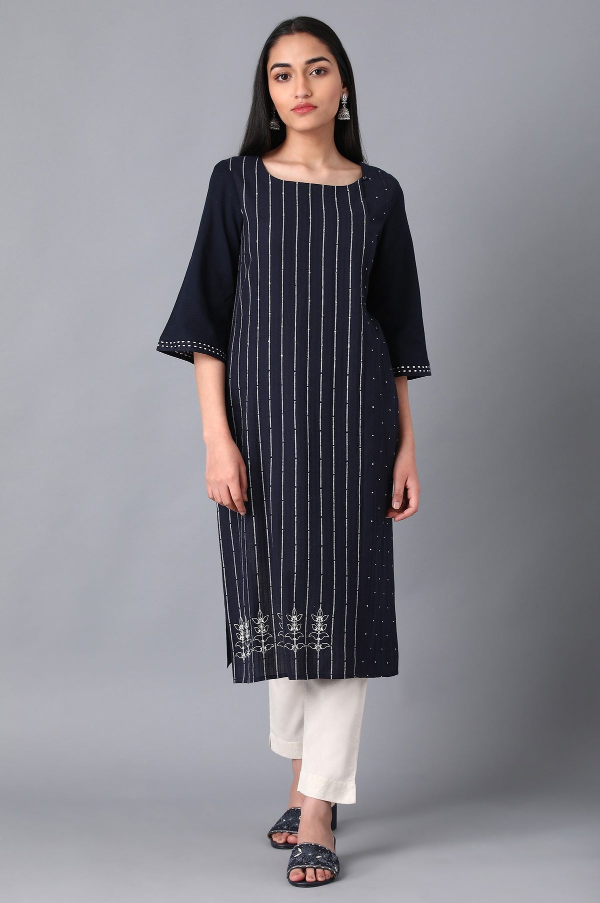 Navy Boat Neck Printed kurta - XS