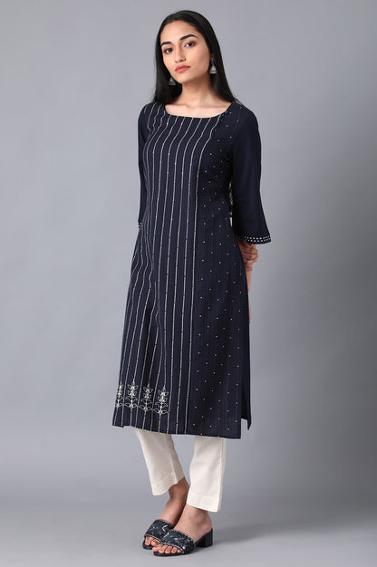 Navy Boat Neck Printed kurta