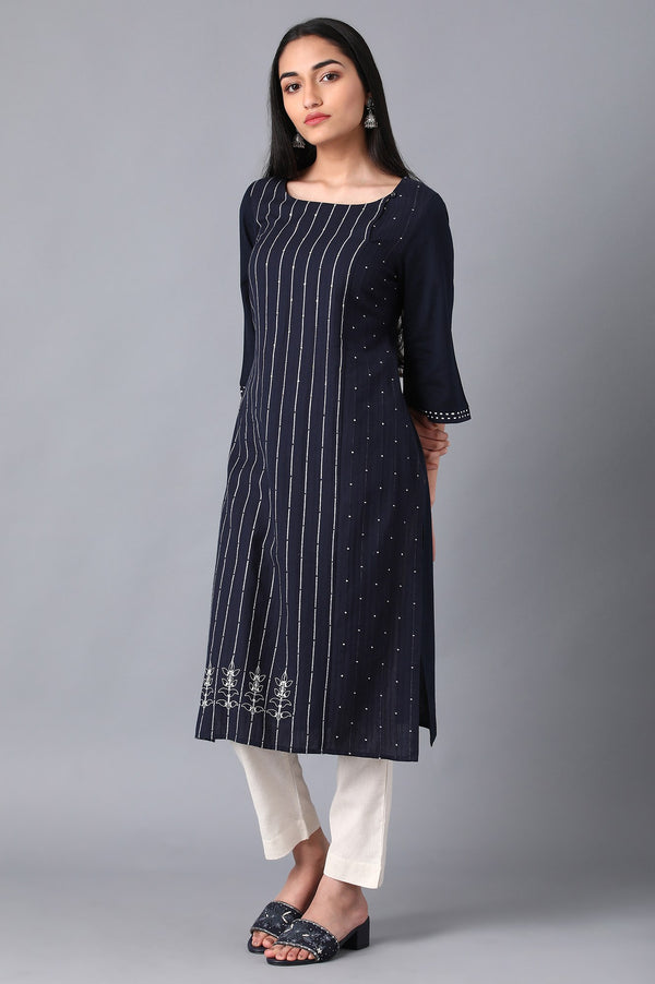 Navy Boat Neck Printed kurta