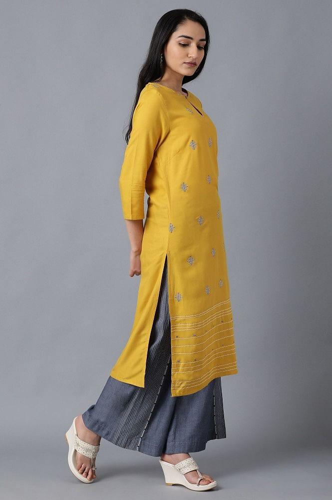 Yellow Round Neck Embroidered kurta - wforwoman