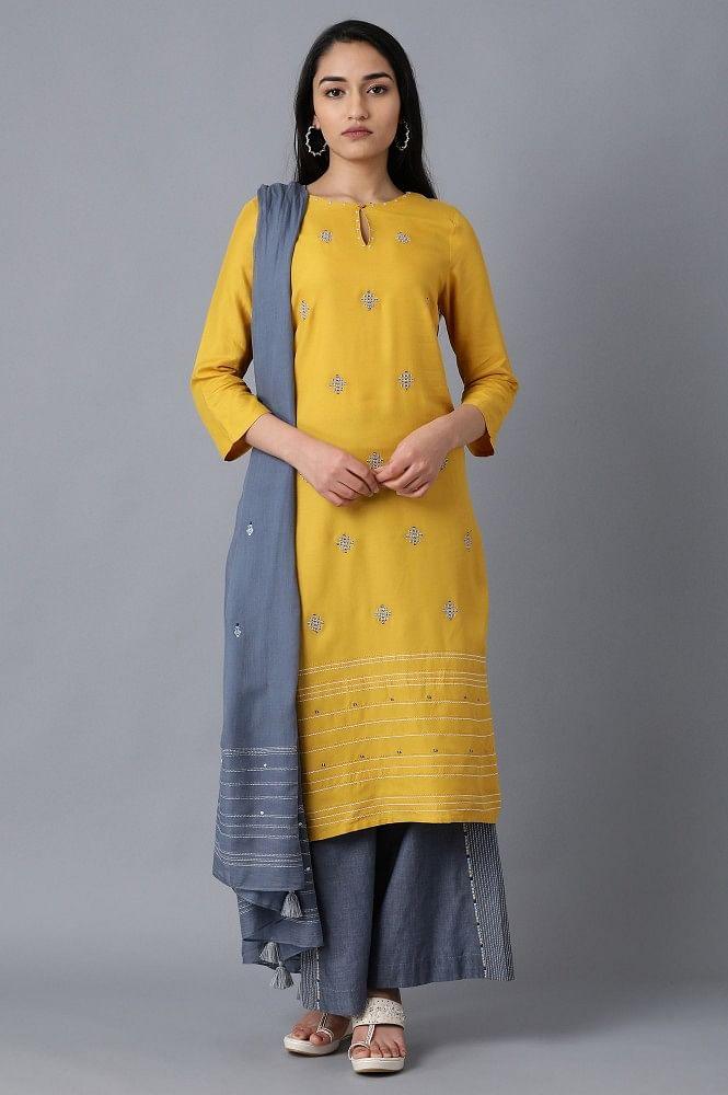 Yellow Round Neck Embroidered kurta - wforwoman