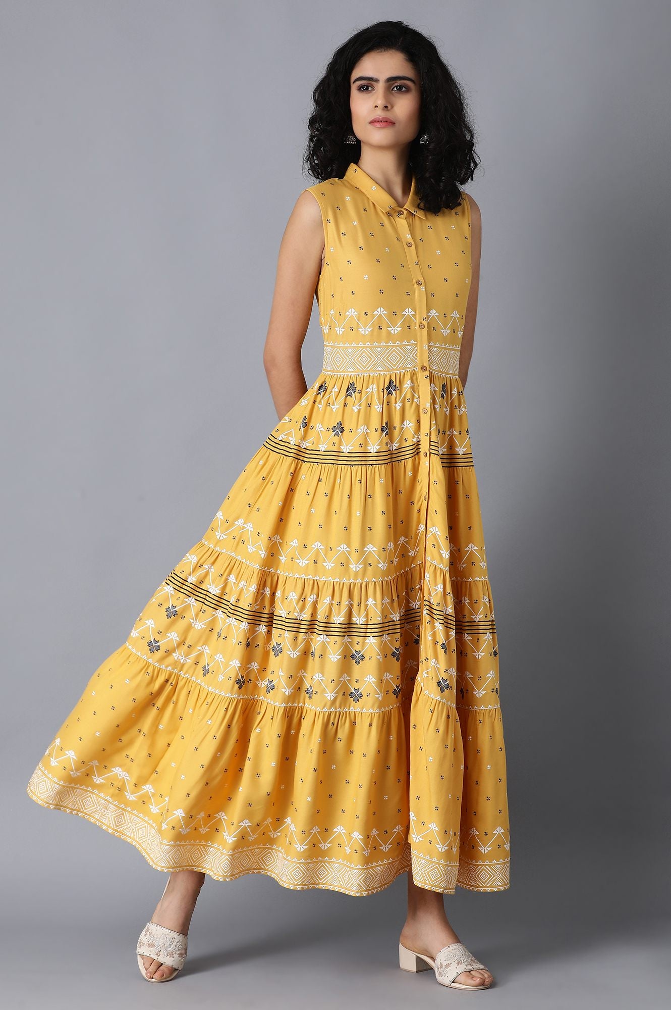 Yellow Shirt Collar Tiered Dress