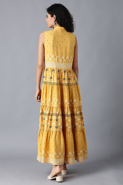 Yellow Shirt Collar Tiered Dress