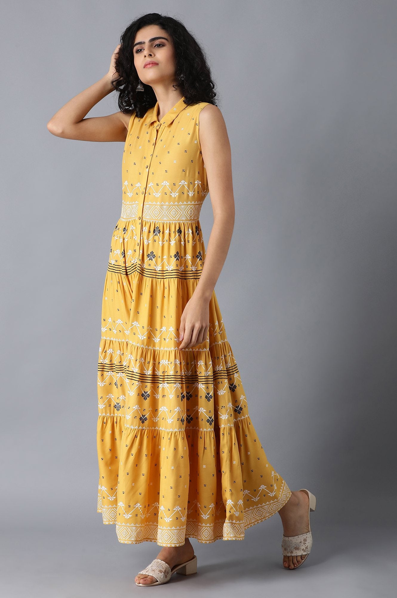 Yellow Shirt Collar Tiered Dress