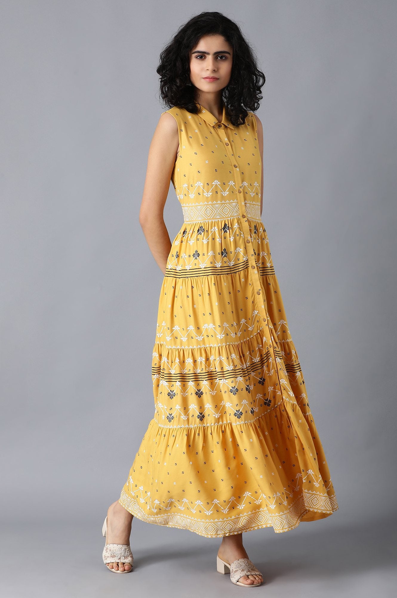 Yellow Shirt Collar Tiered Dress
