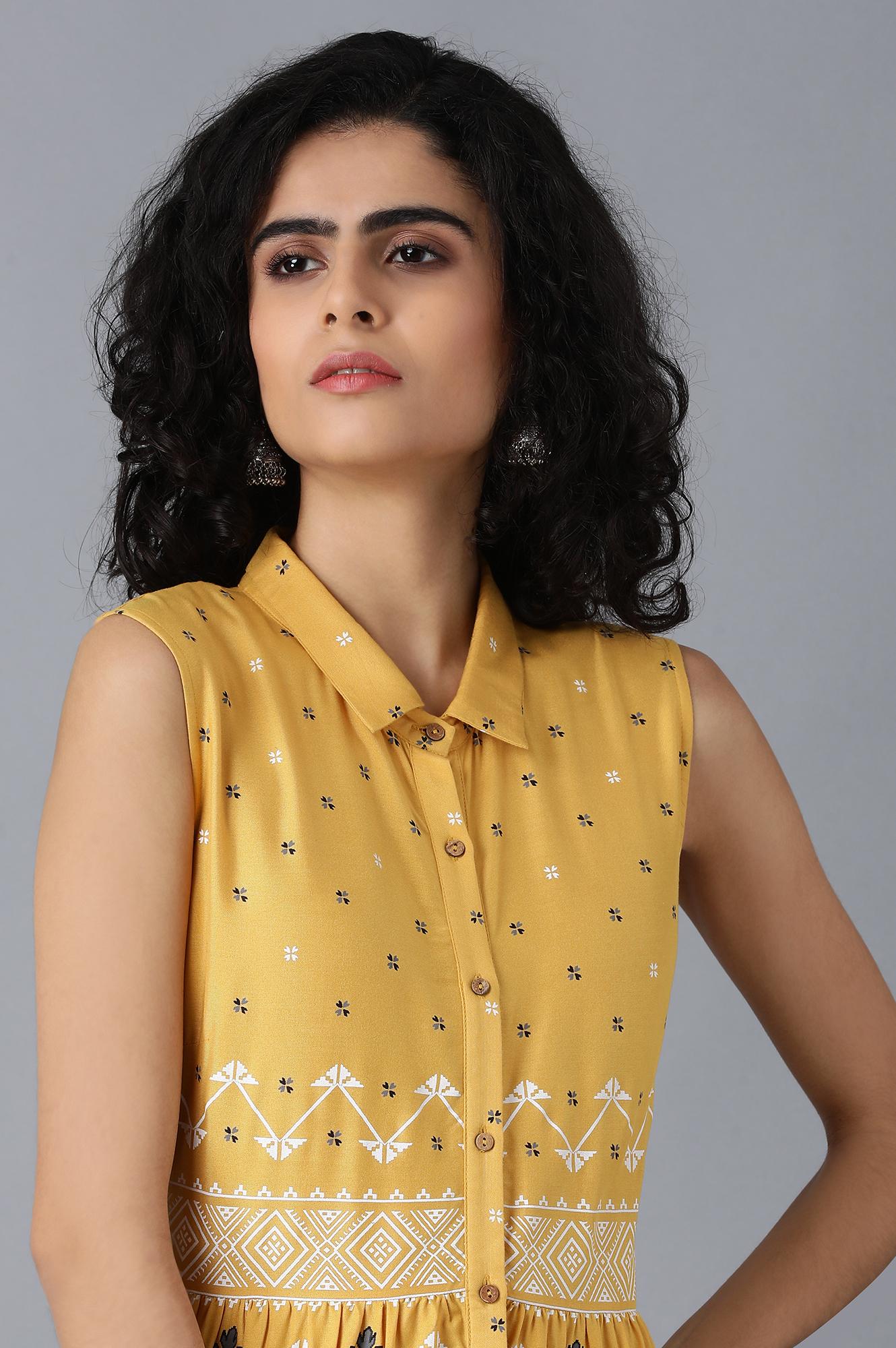 Yellow Shirt Collar Tiered Dress