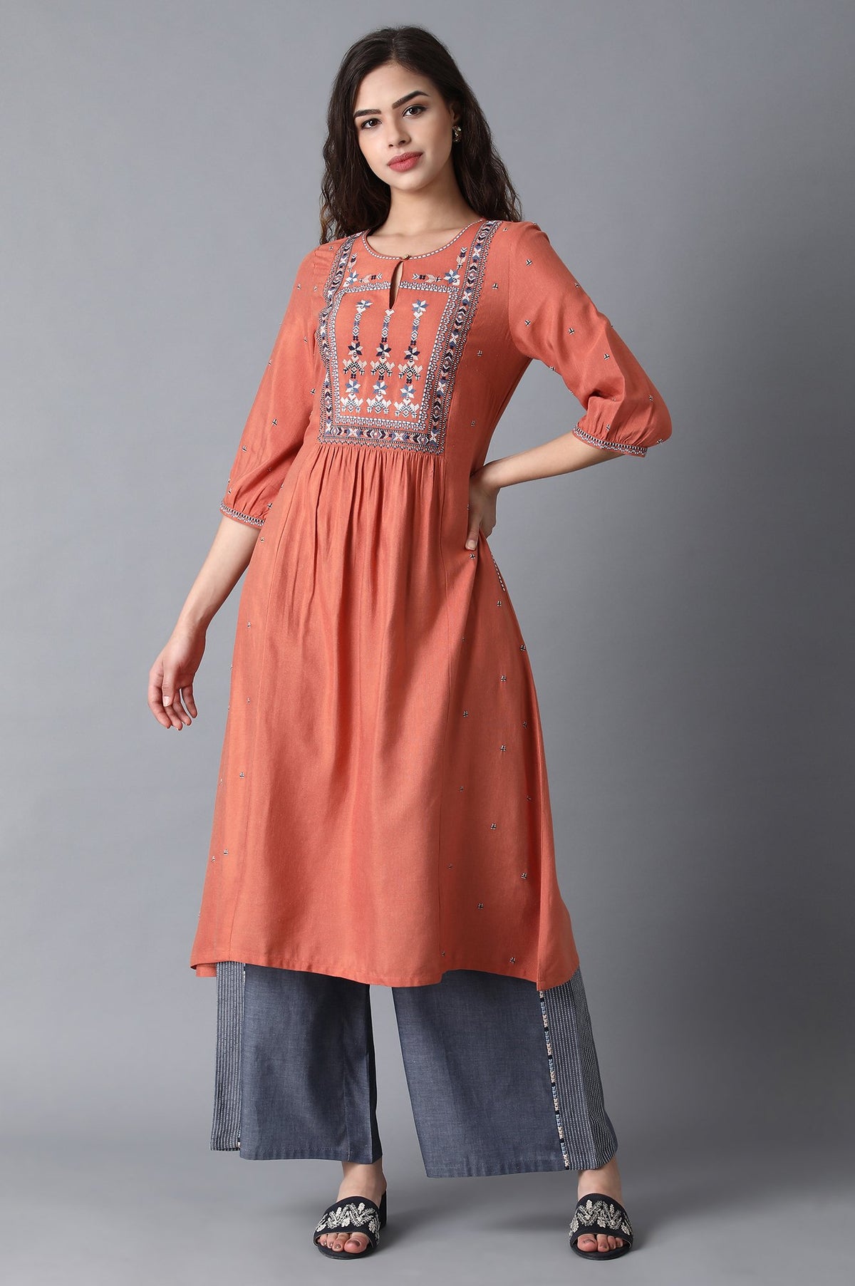 Rust Orange Cotton Kurta with Flared Hemline - XS