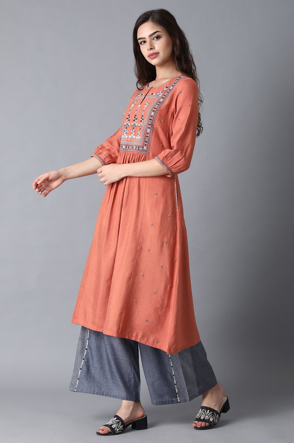 Rust Orange Cotton Kurta with Flared Hemline