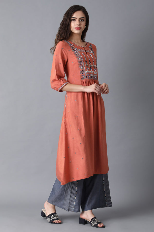 Rust Orange Cotton Kurta with Flared Hemline