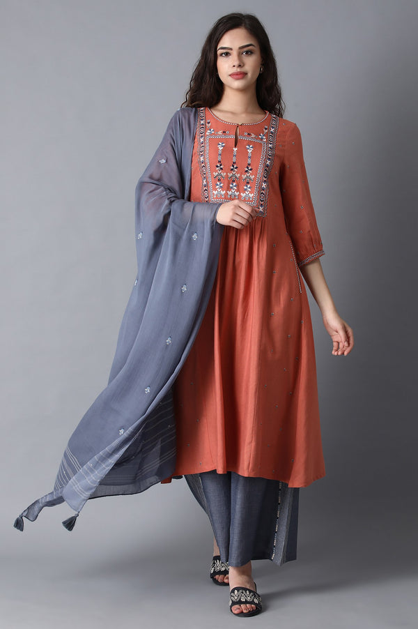 Rust Orange Cotton Kurta with Flared Hemline