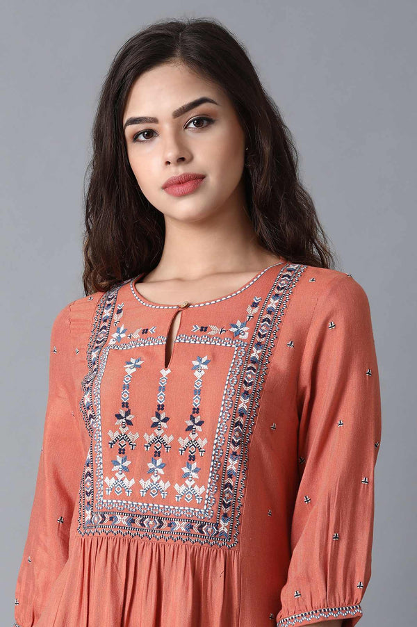 Rust Orange Cotton Kurta with Flared Hemline