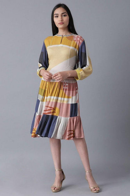 Soft Multicoloured Abstract Pattern Flared Dress - wforwoman