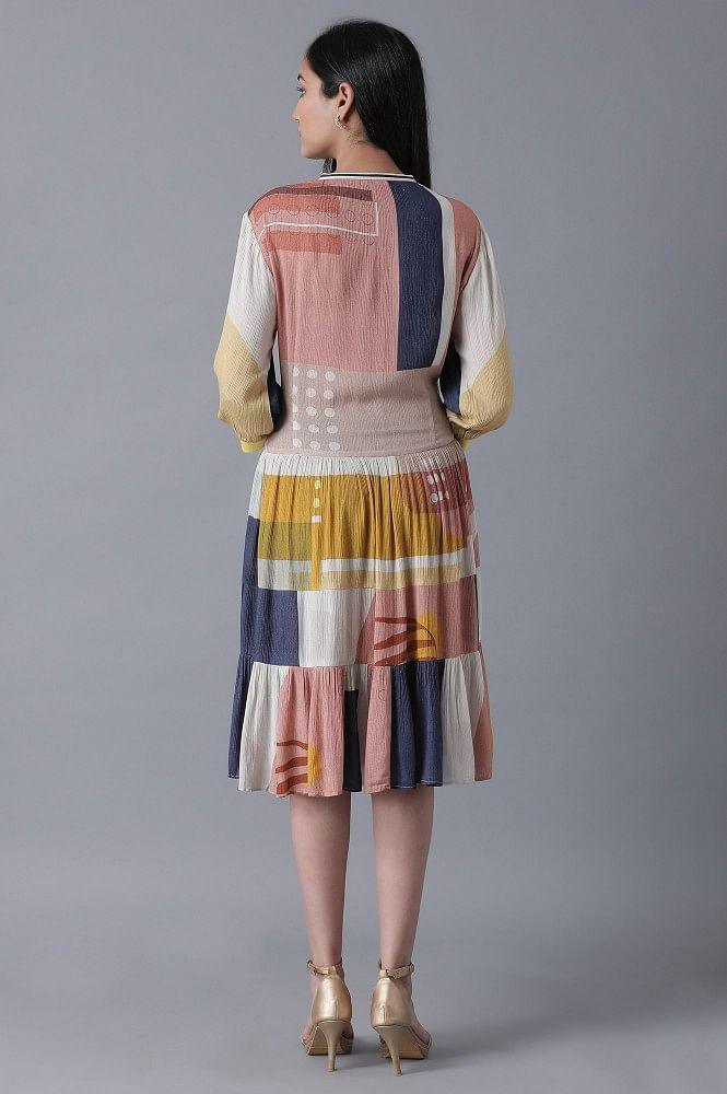 Soft Multicoloured Abstract Pattern Flared Dress - wforwoman