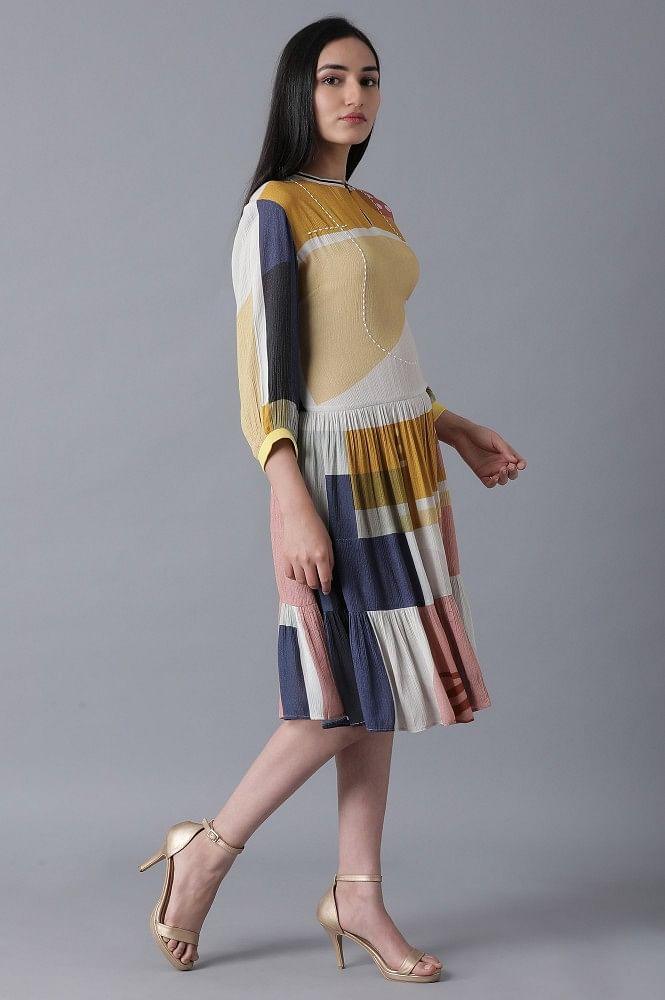 Soft Multicoloured Abstract Pattern Flared Dress - wforwoman