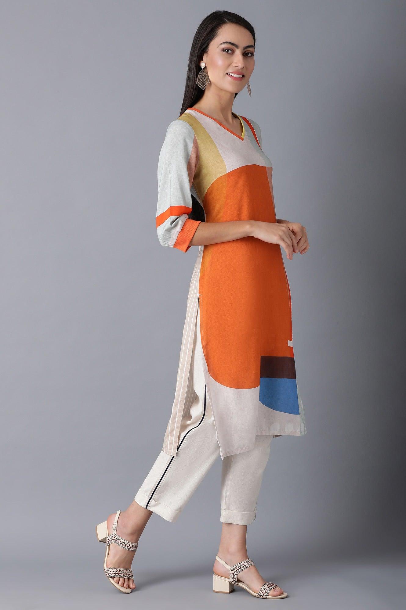 Orange V-Neck Printed kurta - wforwoman