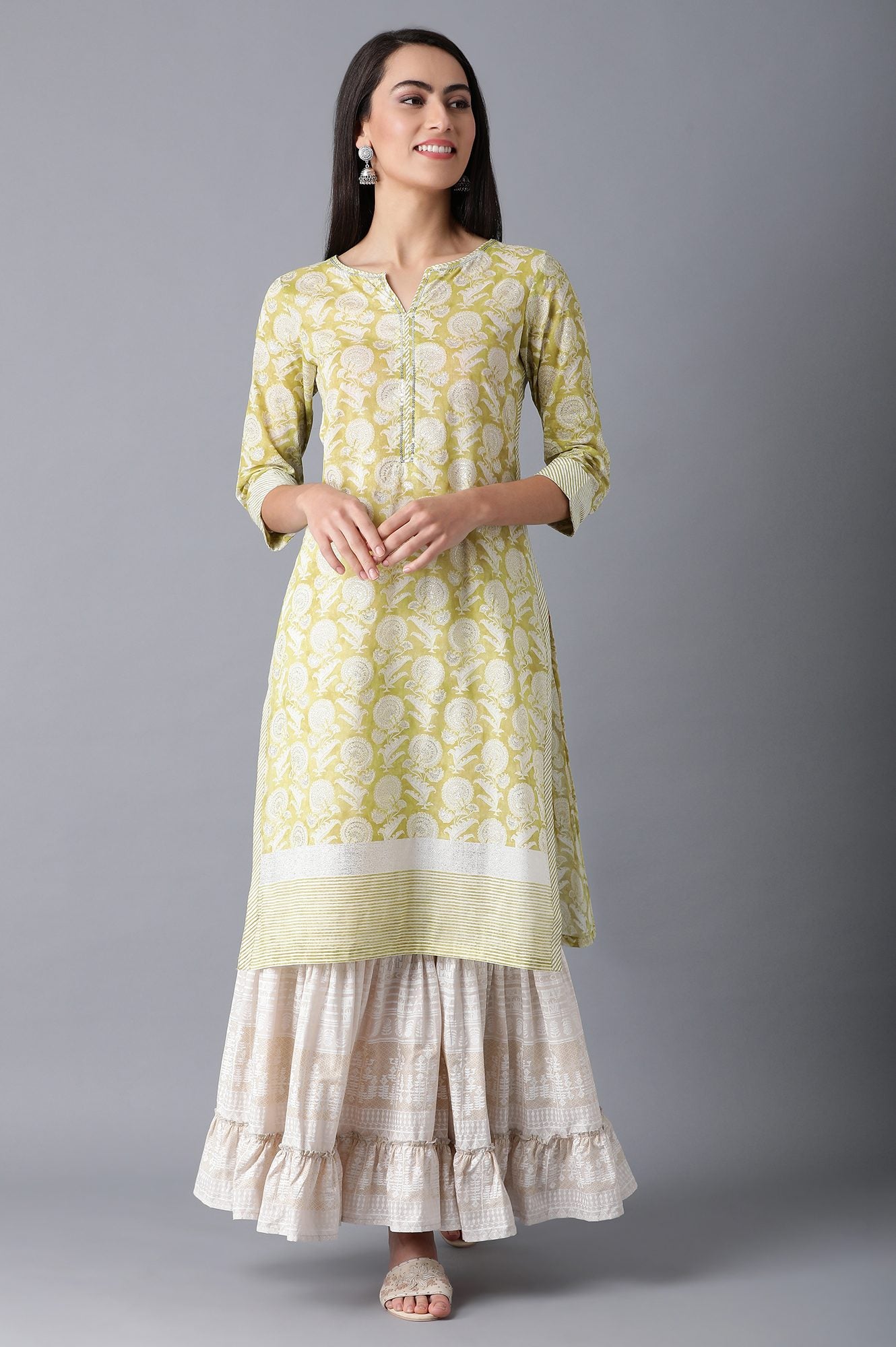 Green Round Neck Printed kurta