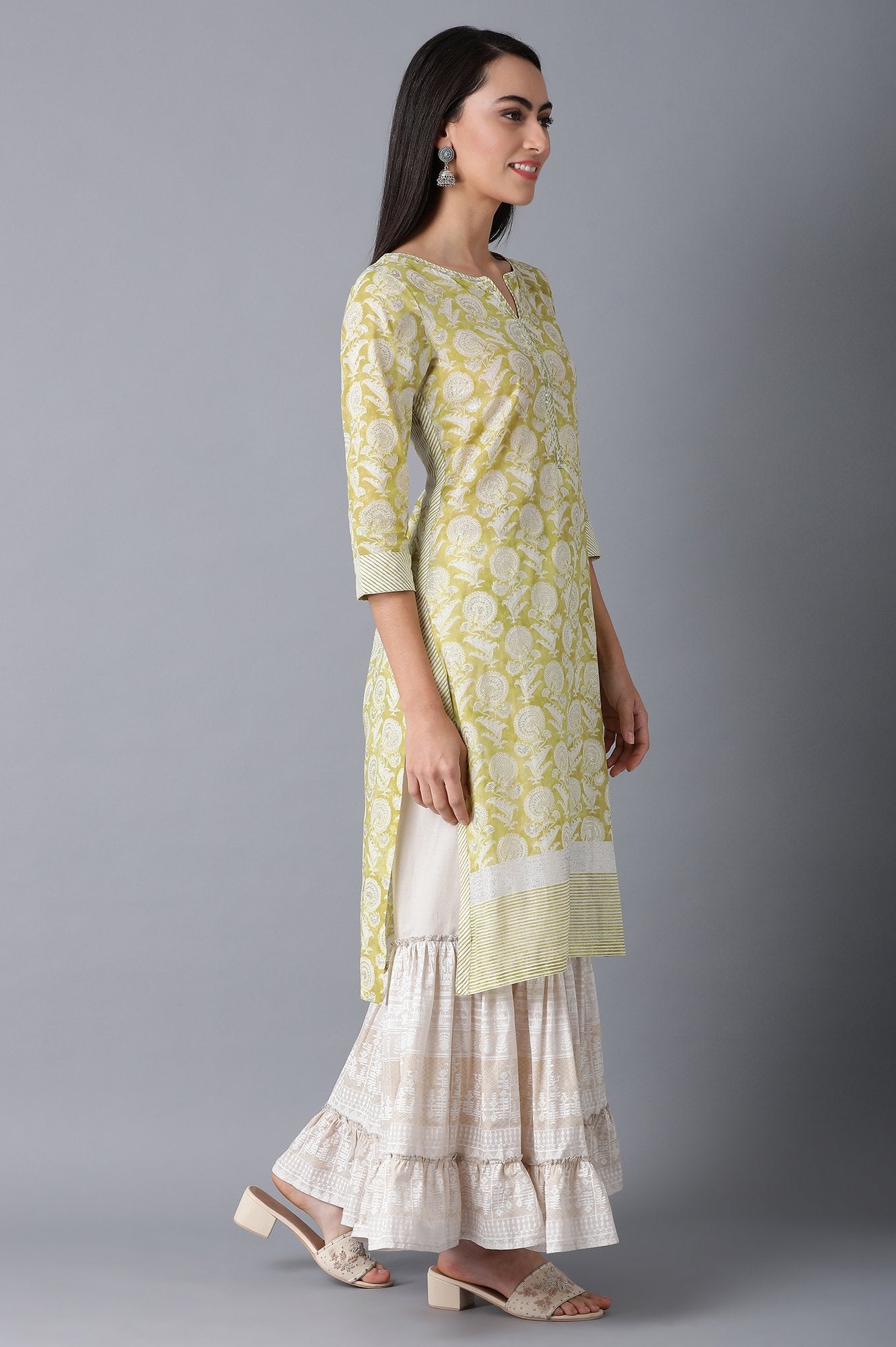Green Round Neck Printed kurta