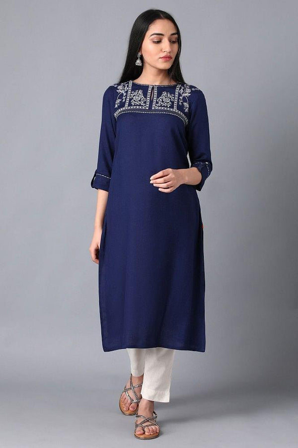 Blue Round Neck Embroidered kurta