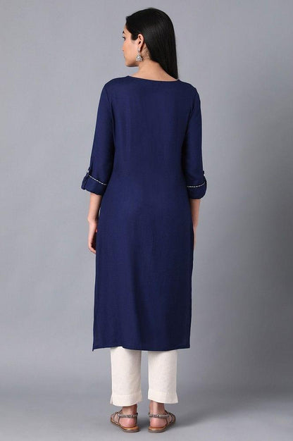 Blue Round Neck Embroidered kurta - wforwoman
