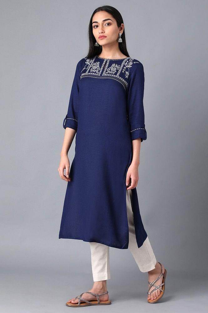 Blue Round Neck Embroidered kurta - wforwoman