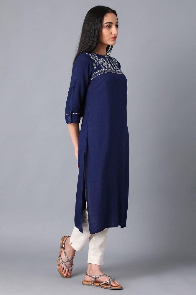 Blue Round Neck Embroidered kurta - wforwoman