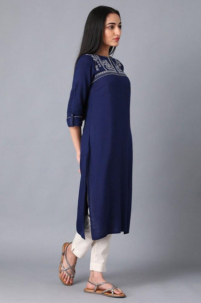 Blue Round Neck Embroidered kurta - wforwoman