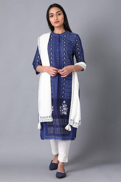 Blue Round Neck Embroidered kurta - wforwoman