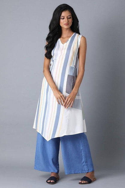 Blue Asymetric Stripe kurta - wforwoman