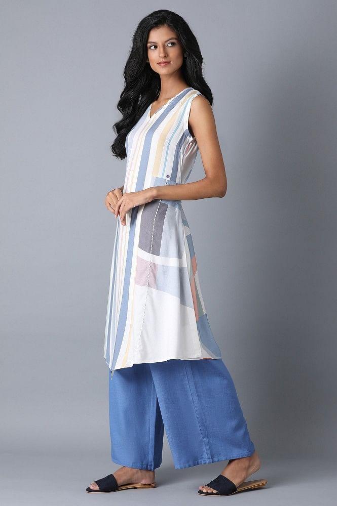 Blue Asymetric Stripe kurta - wforwoman