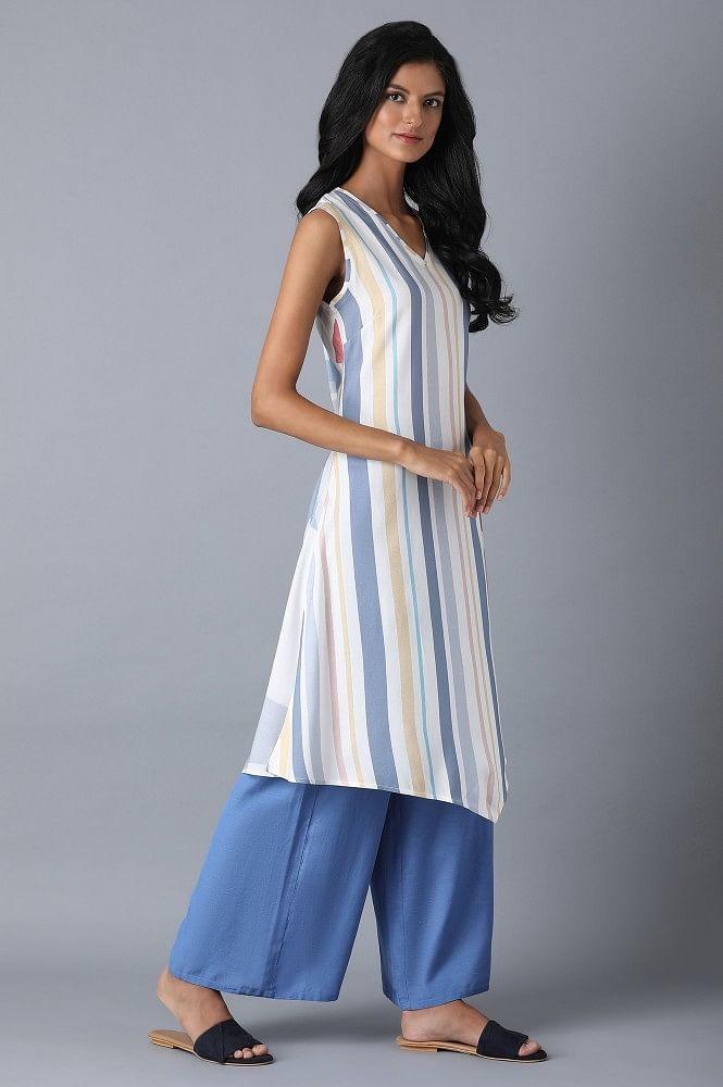 Blue Asymetric Stripe kurta - wforwoman