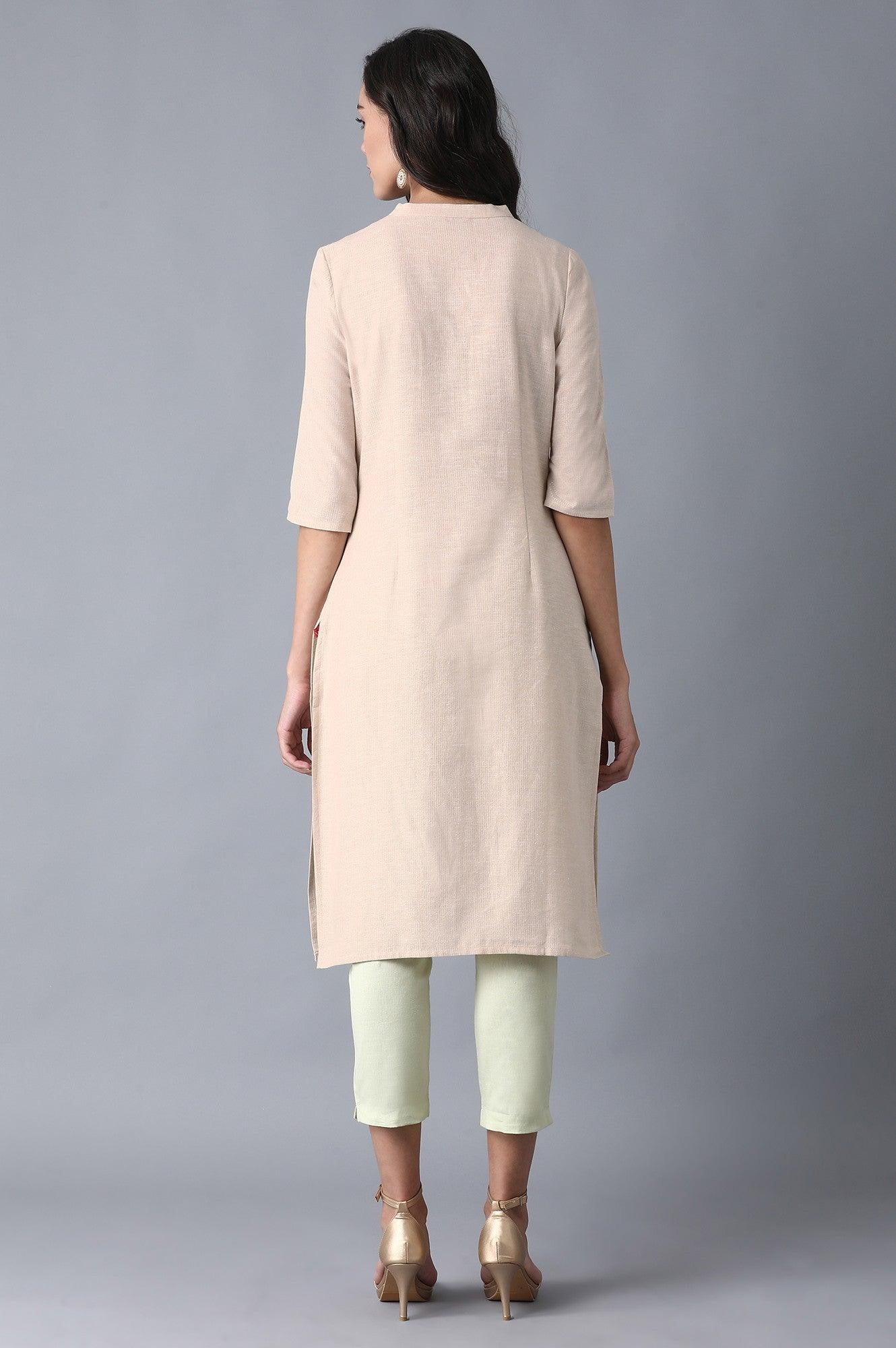 Beige Mandarin Neck Classic kurta - wforwoman