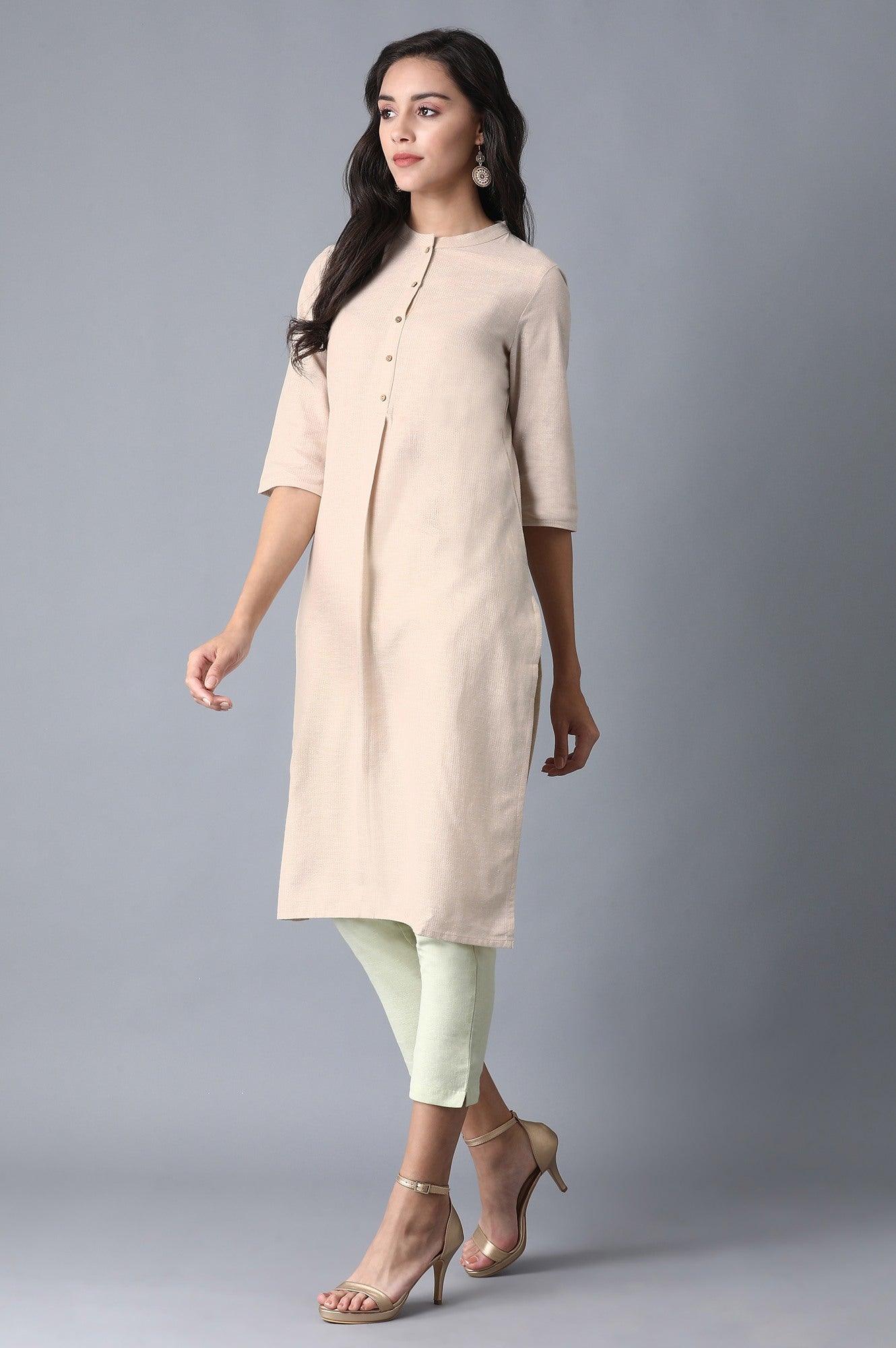 Beige Mandarin Neck Classic kurta - wforwoman