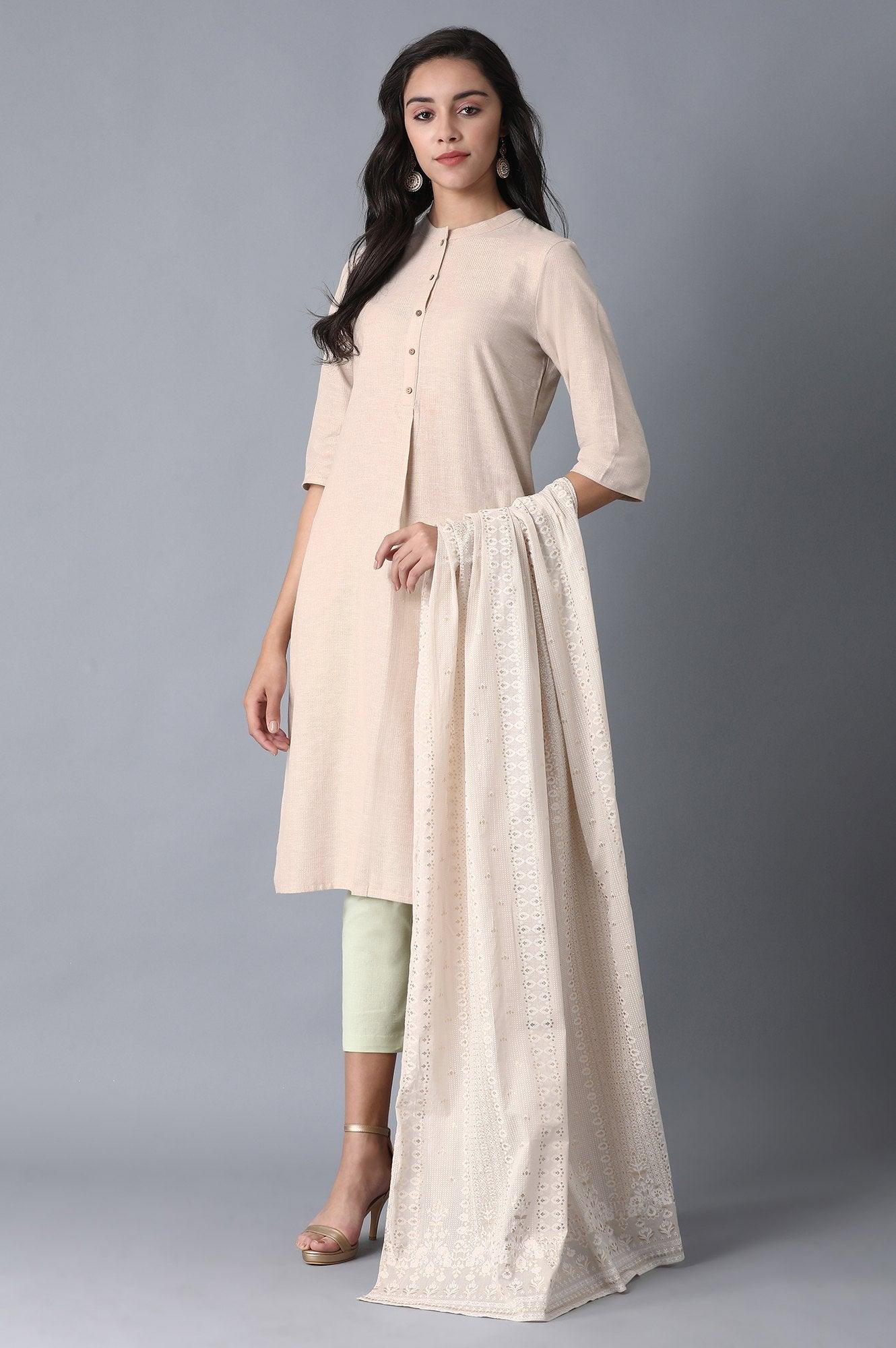 Beige Mandarin Neck Classic kurta - wforwoman