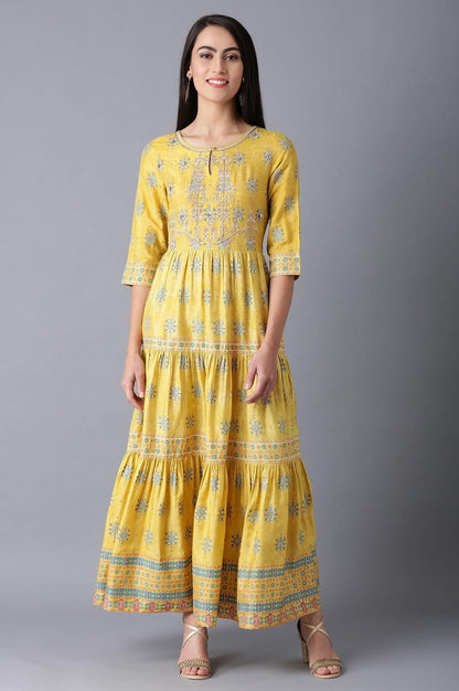 Yellow Round Neck Tiered Festive Dress - wforwoman