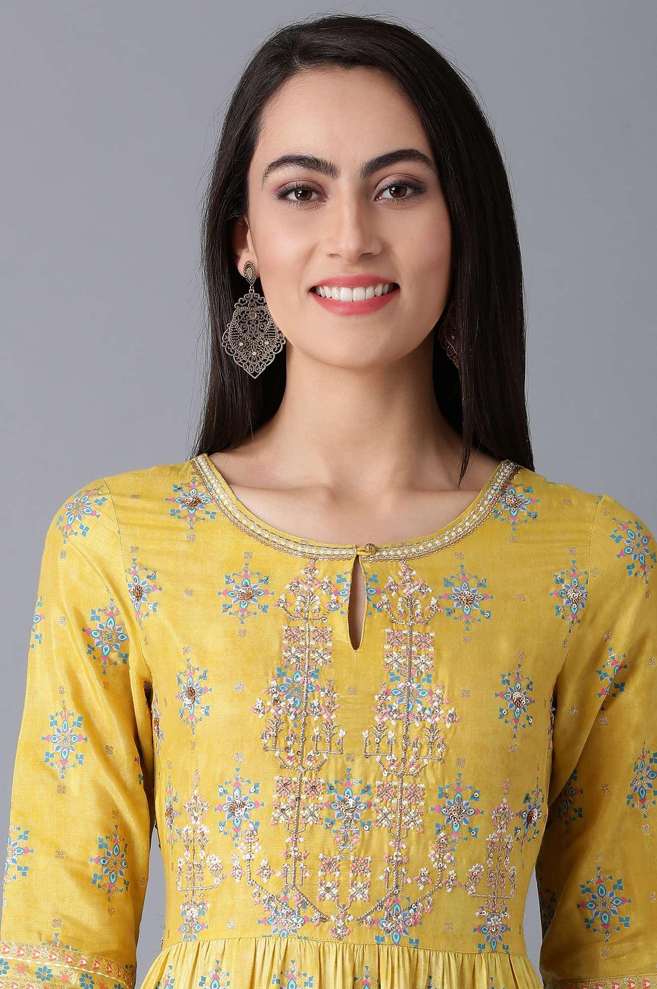 Yellow Round Neck Tiered Festive Dress - wforwoman
