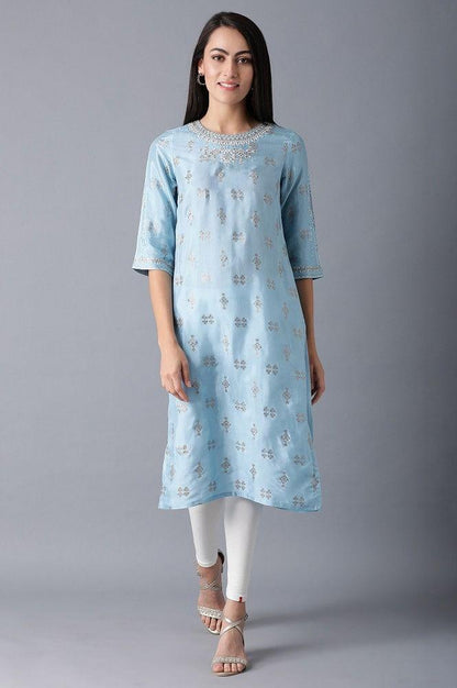 Blue Round Neck Glitter Print kurta - wforwoman