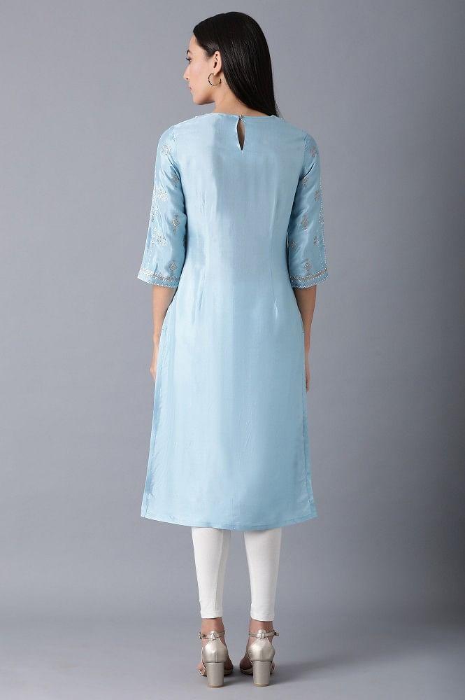 Blue Round Neck Glitter Print kurta - wforwoman