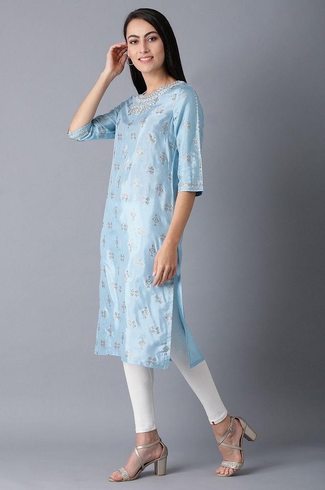 Blue Round Neck Glitter Print kurta - wforwoman